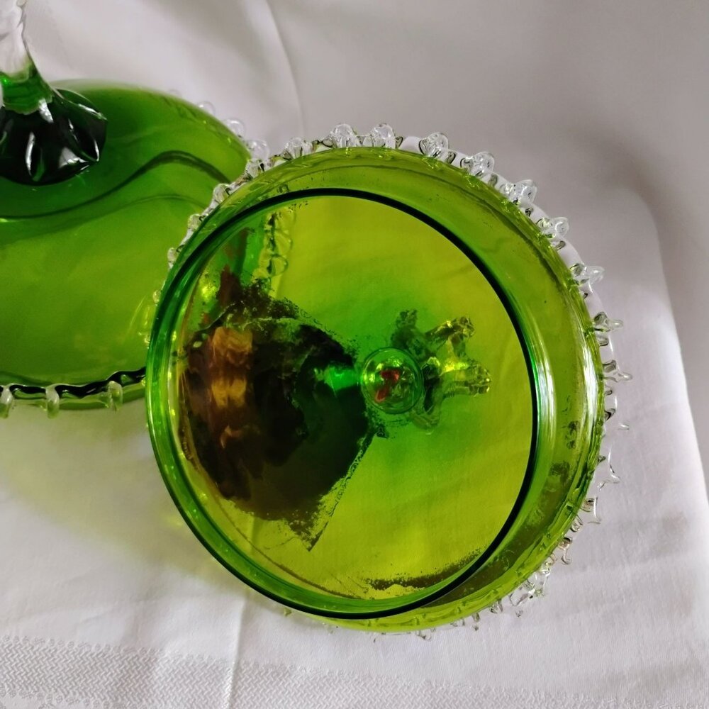 MCM Empoli Green Glass Compote Lidded Candy Dish Rigaree Edge Gilt Gold Romantic - Picture 10 of 13